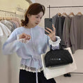 Women's Spring Korean Lace Crew Neck Tie-Front Waist-Tie Lace Trim Knit Top + Cardiga - As Pictured