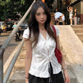 Summer Korean Slimming Lace Short Sleeve Tie-Front Lace Trim Textured Shirt