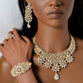 Overseas Dubai Gold Flower Cutout Full Diamond Teardrop Necklace Bracelet Set Ring Earrings Luxury Jewelry Set Women