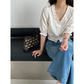 Summer Korean Elegant Lace Trim Fitted Cropped Shirt