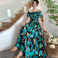 Rayon Floral Off-Shoulder Elastic Waist Bohemian Beach Dress