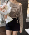 Women's Korean Fashion Long Sleeve Drawstring Knit Top + Tank Top + Camisole 2-Piece - White