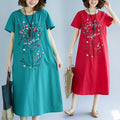 Women's Summer Ethnic Artistic Linen Cotton Embroidered Short Sleeve Loose Dress + Lo - Yellow