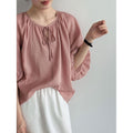Summer Korean Ramie Tencel Half Sleeve Tie-Front Loose Shirt
