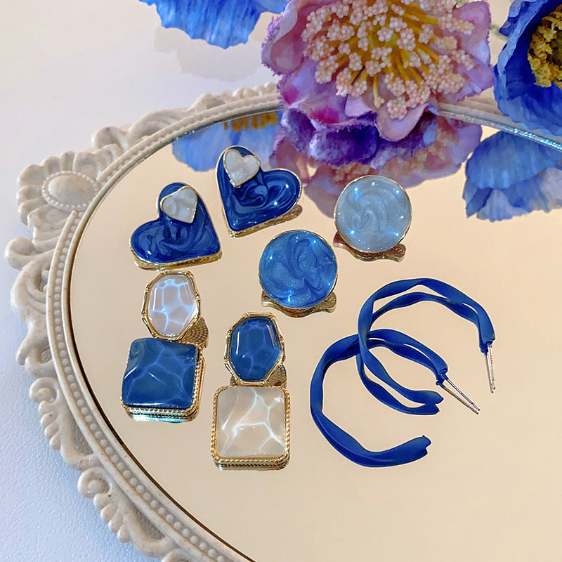 Blue Heart and Flower Square Stud Earrings – Trendy Summer Style - view 3