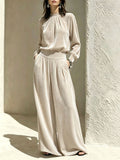Fall-Winter Casual Slimming Velvet Pleated Wide Leg Pants + Top 2-Piece Set